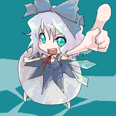 kintaro, cirno, embodiment of scarlet devil, touhou, lowres, 1girl, bow, circled 9, female focus, foreshortening, oekaki, pointing, smile, solo