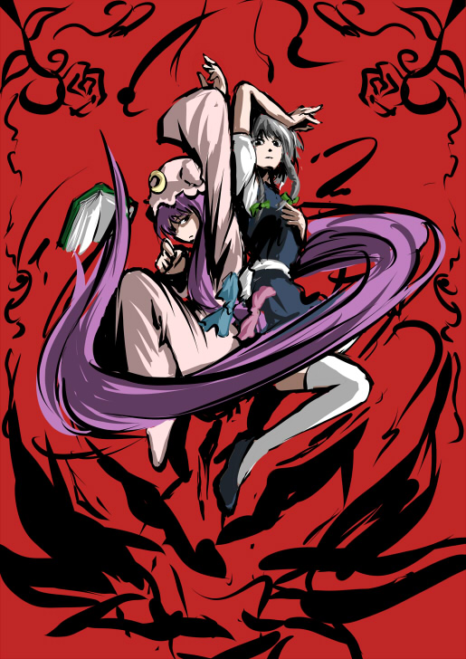 fechirin, izayoi sakuya, patchouli knowledge, touhou, silver hair, white legwear, 2girls, arm up, blue dress, book, crescent, dress, female focus, floating, floating object, full body, looking at viewer, maid headdress, multiple girls, puffy short sleeves, puffy sleeves, red background, short sleeves, simple background, thighhighs, zettai ryouiki
