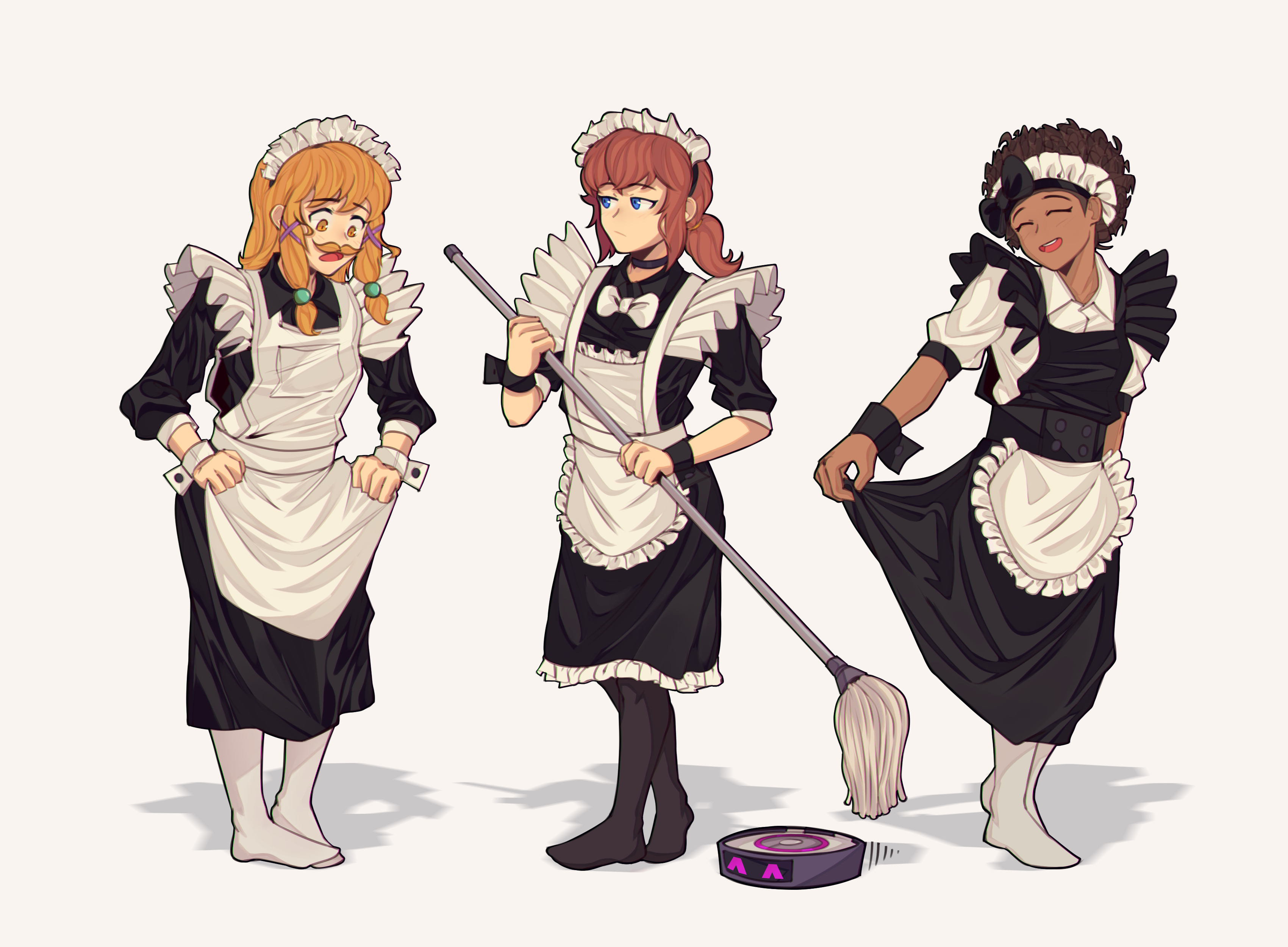 fujimna, bow kid, hat kid, mustache girl, a hat in time, absurdres, highres, 3girls, :/, aged up, alternate costume, apron, black apron, black bow, black choker, black hairband, black pantyhose, black shirt, black skirt, black wrist cuffs, blonde facial hair, blonde hair, blue eyes, bow, bow hairband, bowtie, brown hair, buttoned cuffs, buttons, choker, closed eyes, closed mouth, collared shirt, curly hair, dark-skinned female, dark skin, facial hair, frilled apron, frilled hairband, frilled skirt, frills, hair ornament, hair tie, hairband, hand on skirt, holding, holding apron, holding mop, long hair, long sleeves, looking at another, looking down, maid, maid apron, mop, motion lines, multiple girls, mustache, open mouth, pantyhose, ponytail, robotic vacuum cleaner, rumbi (a hat in time), shadow, shirt, short sleeves, sidelocks, skirt, smile, teeth, upper teeth only, white apron, white bow, white bowtie, white hairband, white pantyhose, white shirt, white wrist cuffs, wrist cuffs, yellow eyes