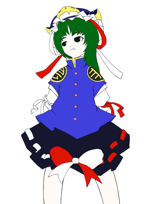 laboto, shiki eiki, touhou, 1girl, black skirt, blue dress, buttons, dress, female focus, green eyes, green hair, hat, long sleeves, matching hair/eyes, mob cap, short hair, simple background, skirt, solo, white background