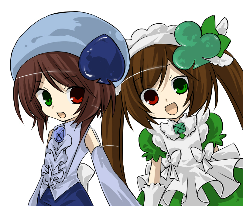 kinako (moment), amulet clover, amulet spade, souseiseki, suiseiseki, rozen maiden, shugo chara!, 2girls, amulet clover (cosplay), amulet spade (cosplay), clubs, cosplay, creator connection, heterochromia, magical girl, miki (cosplay), multiple girls, parody, siblings, sisters, spade, suu (cosplay), twins