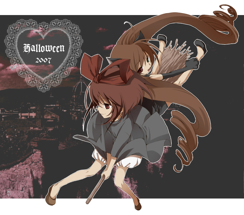 kinako (moment), jiji (majo no takkyuubin), kiki (majo no takkyuubin), souseiseki, suiseiseki, majo no takkyuubin, rozen maiden, studio ghibli, 2girls, animal ears, bloomers, bow, broom, broom riding, brown eyes, brown hair, cat ears, cosplay, hair bow, hairband, halloween, jiji (cosplay), jiji (majo no takkyuubin) (cosplay), kiki (majo no takkyuubin) (cosplay), long hair, multiple girls, parody, short hair, underwear, very long hair, witch