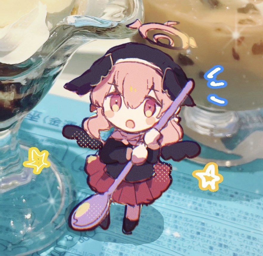 nemunemu1226, koharu (blue archive), blue archive, commentary request, 1girl, black jacket, chibi, halo, head wings, holding, holding spoon, jacket, looking at viewer, notice lines, pink eyes, pink hair, skirt, solo, spoon, star (symbol), wings