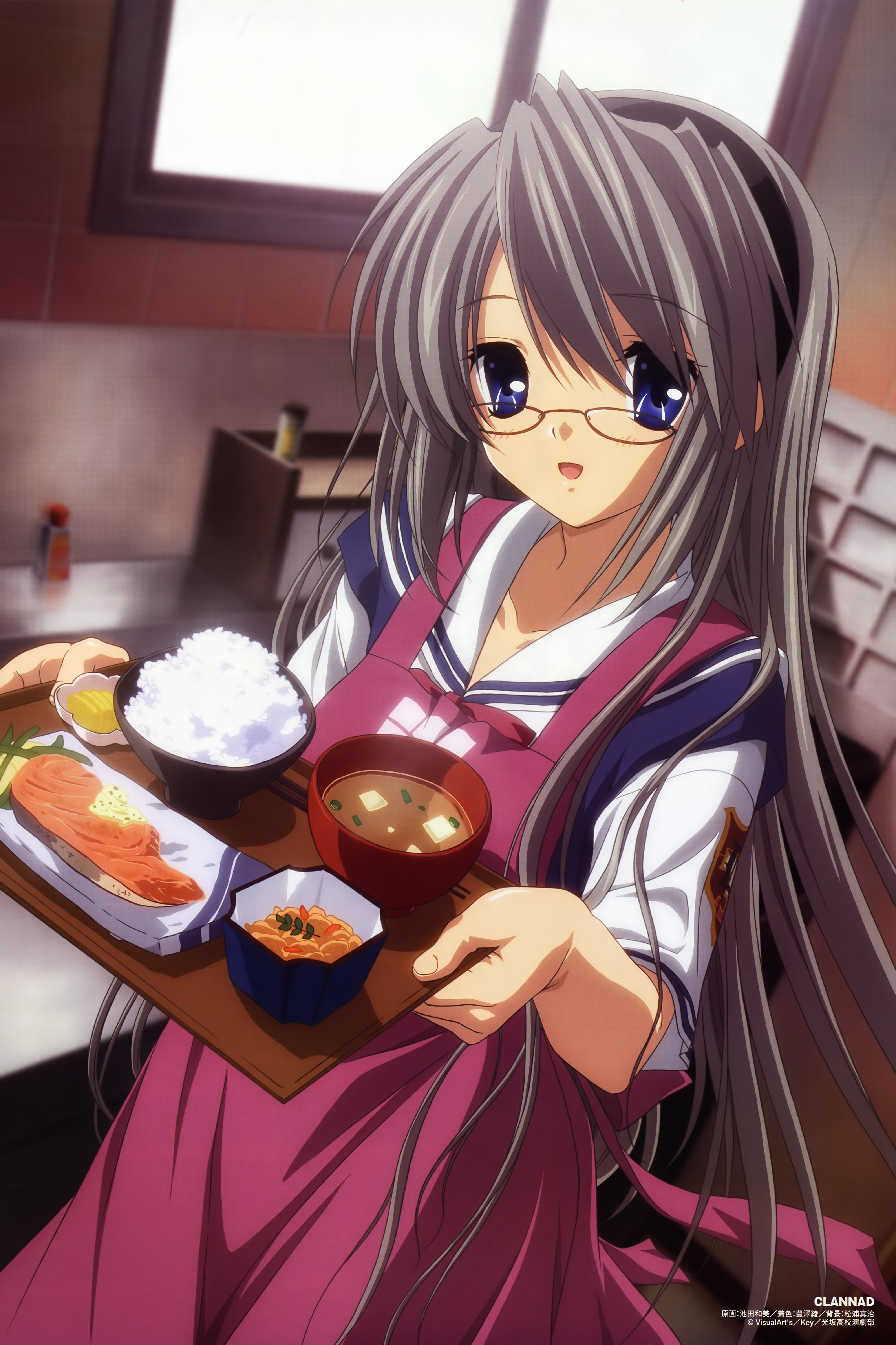 ikeda kazumi, sakagami tomoyo, clannad, absurdres, highres, scan, 00s, apron, glasses, solo, tray