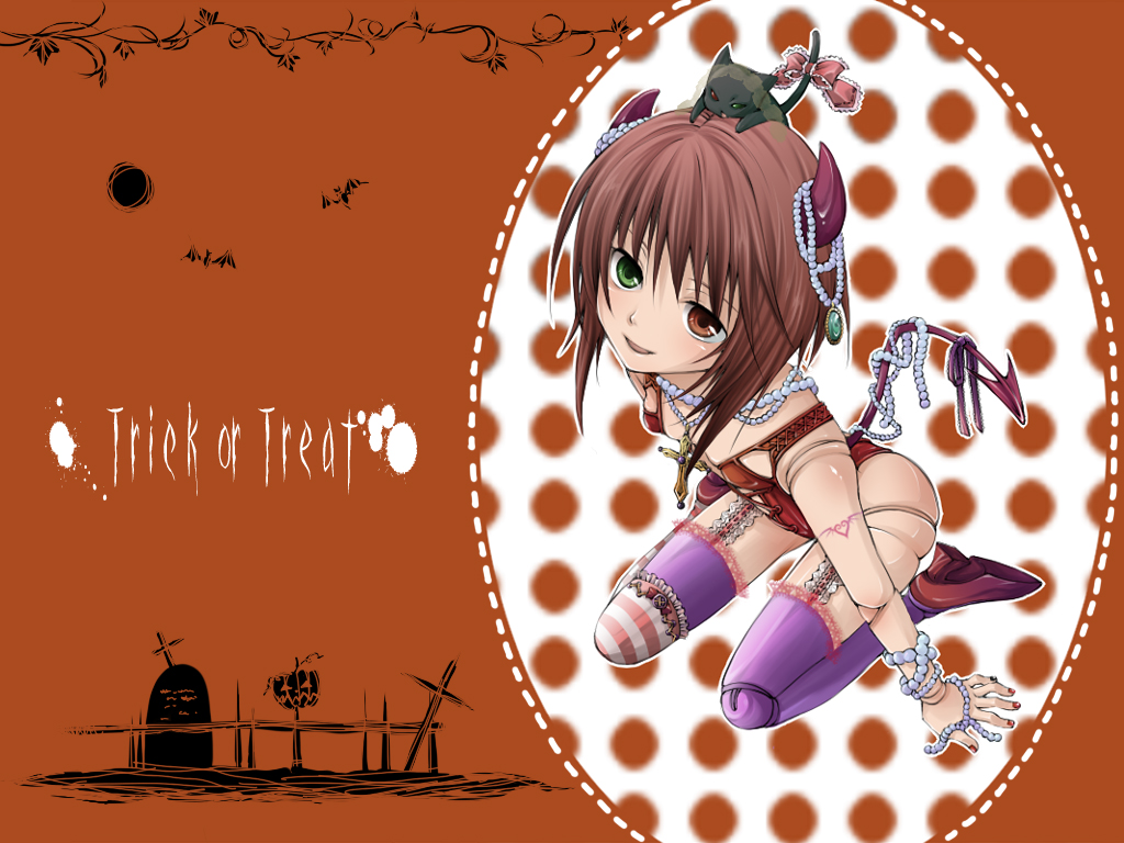 kinako (moment), souseiseki, rozen maiden, 00s, 1girl, animal, animal on head, beads, blush, brown eyes, brown hair, cat, cat on head, cross, demon, demon tail, doll joints, female focus, green eyes, halloween, heterochromia, high heels, horns, jewelry, joints, latin cross, necklace, on head, orange background, purple thighhighs, shoes, short hair, smile, solo, tail, thighhighs, tombstone, trick or treat