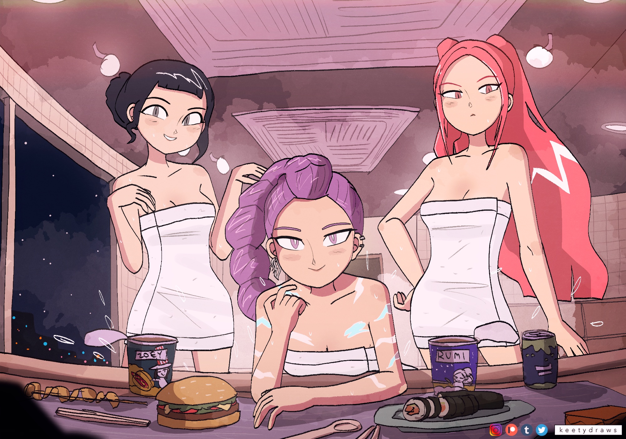 keetydraws, mira (kpop demon hunters), rumi (kpop demon hunters), zoey (kpop demon hunters), kpop demon hunters, highres, 3girls, artist name, black hair, body markings, brown hair, burger, can, cup ramen, drink can, earrings, food, jewelry, makizushi, multiple girls, naked towel, pink eyes, pink hair, purple eyes, purple hair, soda can, sushi, towel