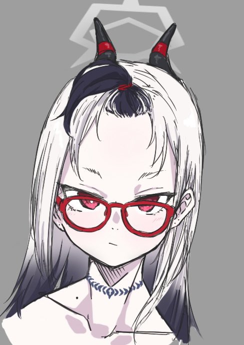 vividnatadecoco, kayoko (blue archive), blue archive, commentary, symbol-only commentary, 1girl, bespectacled, black hair, closed mouth, collarbone, cropped torso, forehead, glasses, gradient hair, grey background, grey hair, halo, mole, mole on collarbone, multicolored hair, red-framed eyewear, red eyes, solo, two-tone hair, upper body, white hair