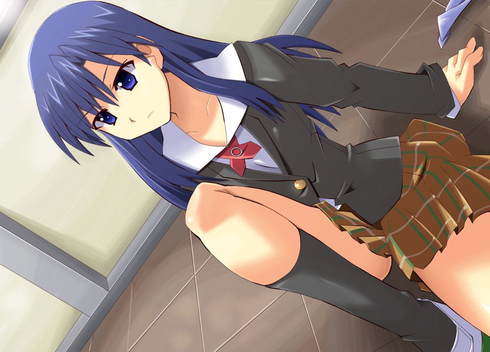 kisaragi chihaya, idolmaster, idolmaster (classic), idolmaster 1, 00s, 1girl, blue hair, blush, brown skirt, buttons, dutch angle, female focus, indoors, long sleeves, pleated skirt, school uniform, serafuku, sitting, skirt, solo, tile floor, tiles