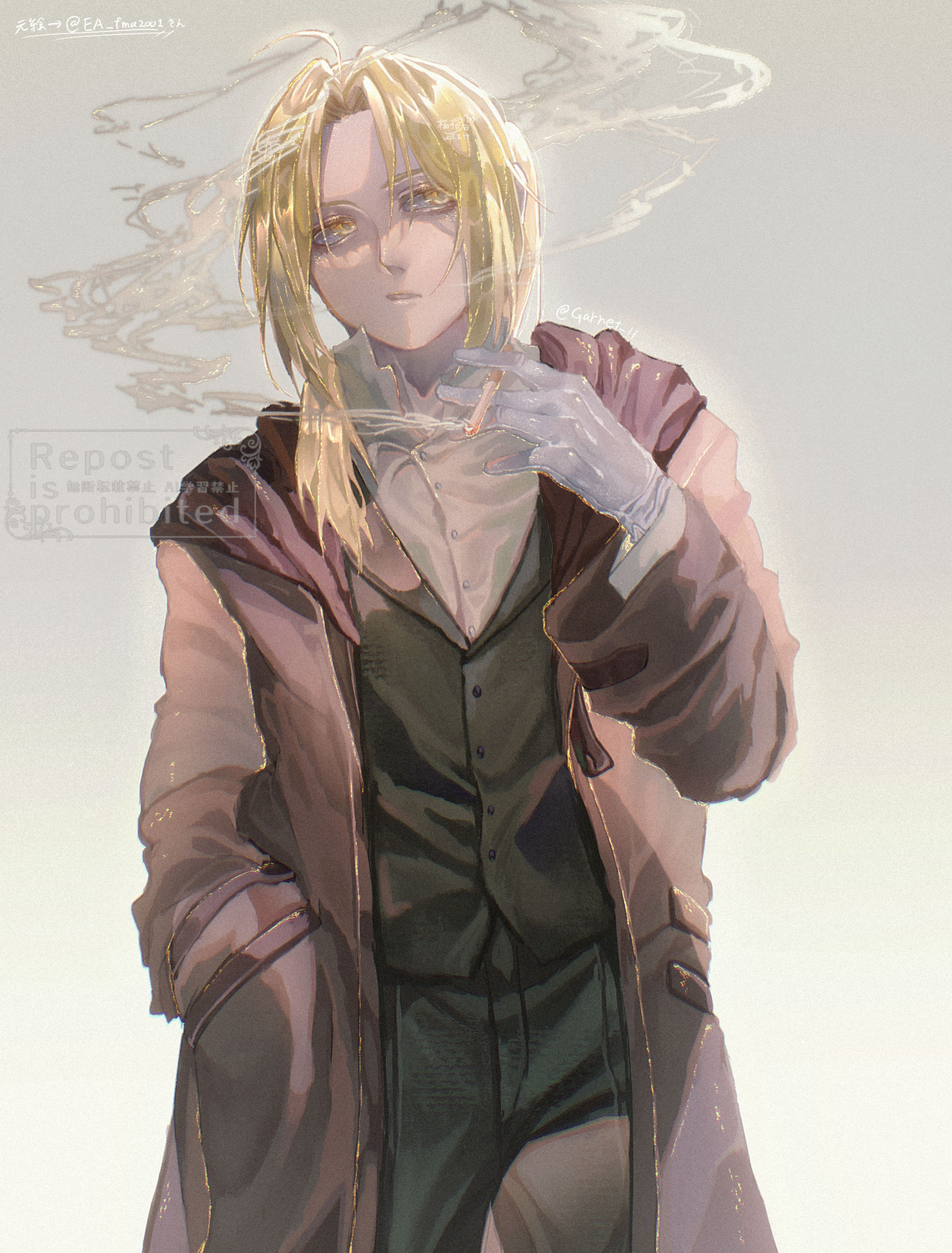 edward elric, conqueror of shambala, fullmetal alchemist, highres, 1boy, ahoge, blonde hair, brown coat, cigarette, coat, gloves, hand in pocket, holding, holding cigarette, jacket, long hair, male focus, pants, ponytail, sanshisuimei 1, smoke, smoking, vest, waistcoat, yellow eyes