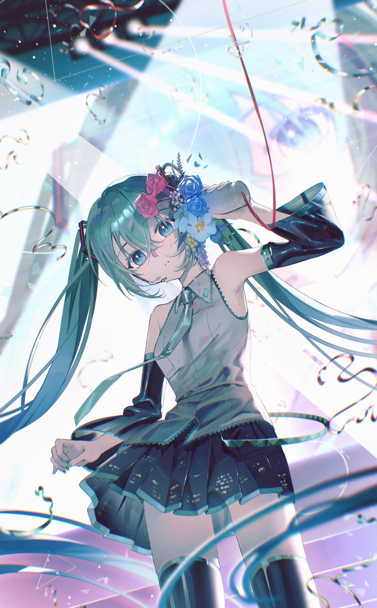 aro 16666, hatsune miku, vocaloid, highres, 1girl, aqua eyes, aqua hair, aqua nails, aqua necktie, armpits, bare shoulders, black skirt, black sleeves, black thighhighs, blue eyes, blue flower, blue nails, blue rose, collared shirt, cowboy shot, detached sleeves, flower, grey shirt, hair between eyes, hair flower, hair ornament, headset, holding, holding microphone, long hair, looking at viewer, microphone, miniskirt, necktie, pink flower, pleated skirt, red flower, red rose, rose, shirt, skirt, sleeveless, sleeveless shirt, smile, solo, thighhighs, twintails, very long hair, water drop, white flower, zettai ryouiki