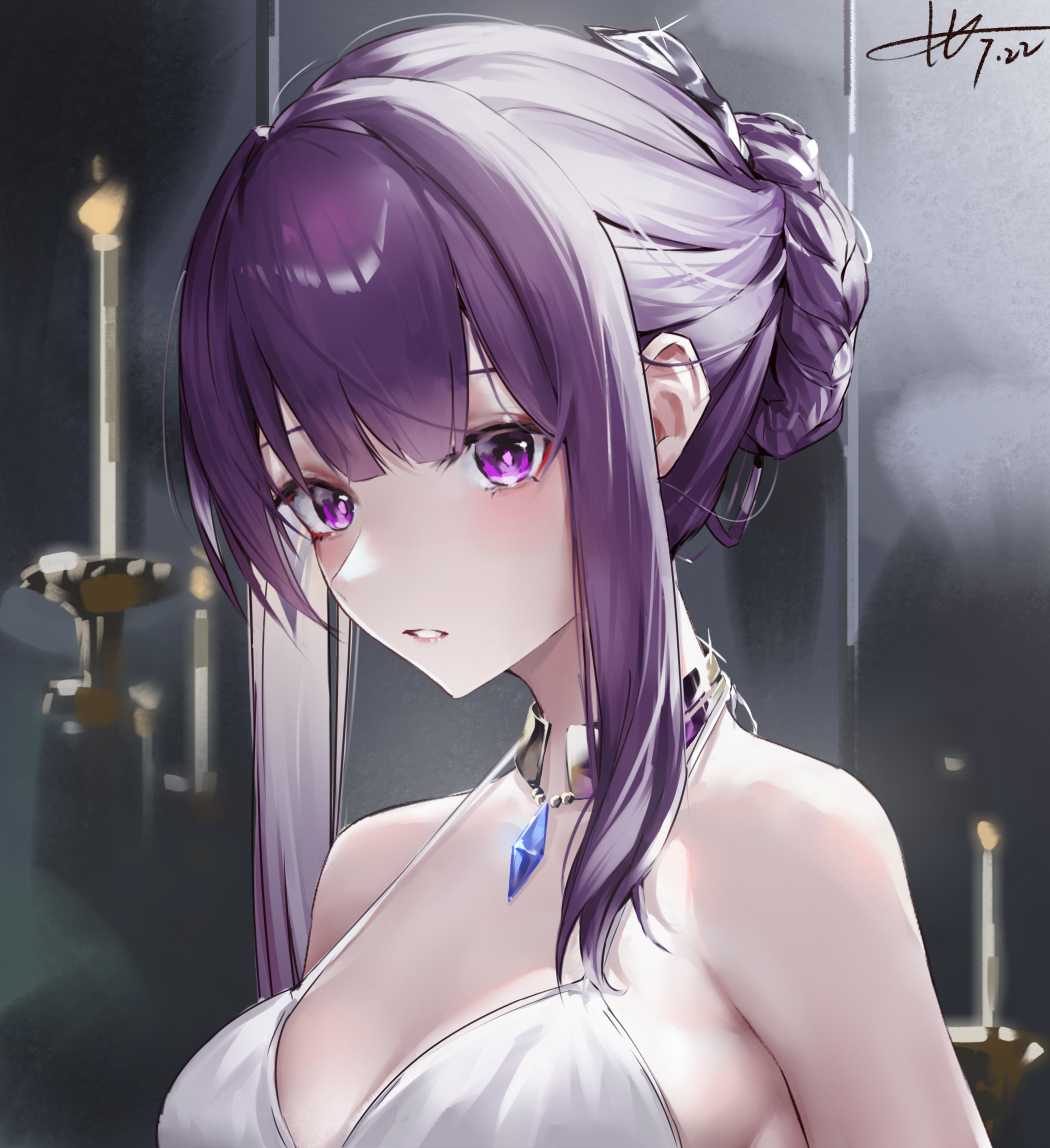 stream (ouyangm), fern (sousou no frieren), sousou no frieren, highres, 1girl, blue gemstone, braid, breasts, candle, candlestand, dress, gem, large breasts, looking at viewer, parted lips, purple eyes, purple hair, sidelocks, signature, solo, white dress