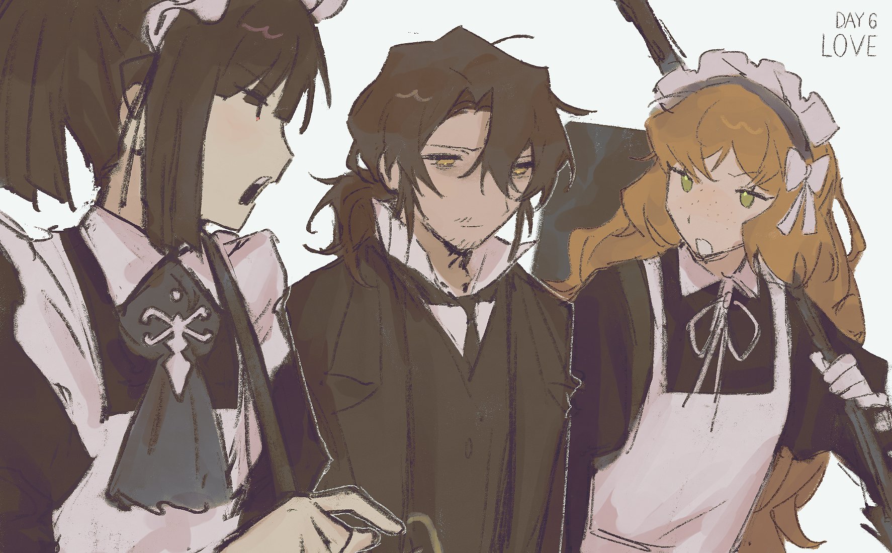 yobunkiii, gregor (project moon), ishmael (project moon), ryoshu (project moon), limbus company, project moon, highres, 1boy, 2girls, apron, ascot, black coat, black dress, black hair, black necktie, black vest, bow, brown hair, coat, collared shirt, dress, facial hair, freckles, green eyes, grey ascot, hair bow, juliet sleeves, long hair, long sleeves, looking at another, low ponytail, maid apron, maid headdress, multiple girls, necktie, open mouth, orange hair, ponytail, puffy sleeves, shirt, simple background, upper body, vest, white apron, white background, white bow, white shirt, wuthering heights (identity) (project moon), yellow eyes