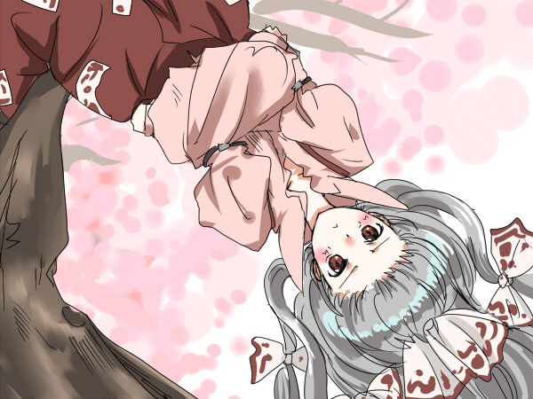 nanami sano, fujiwara no mokou, touhou, 1girl, blush, female focus, grey hair, pants, red eyes, solo, upside-down
