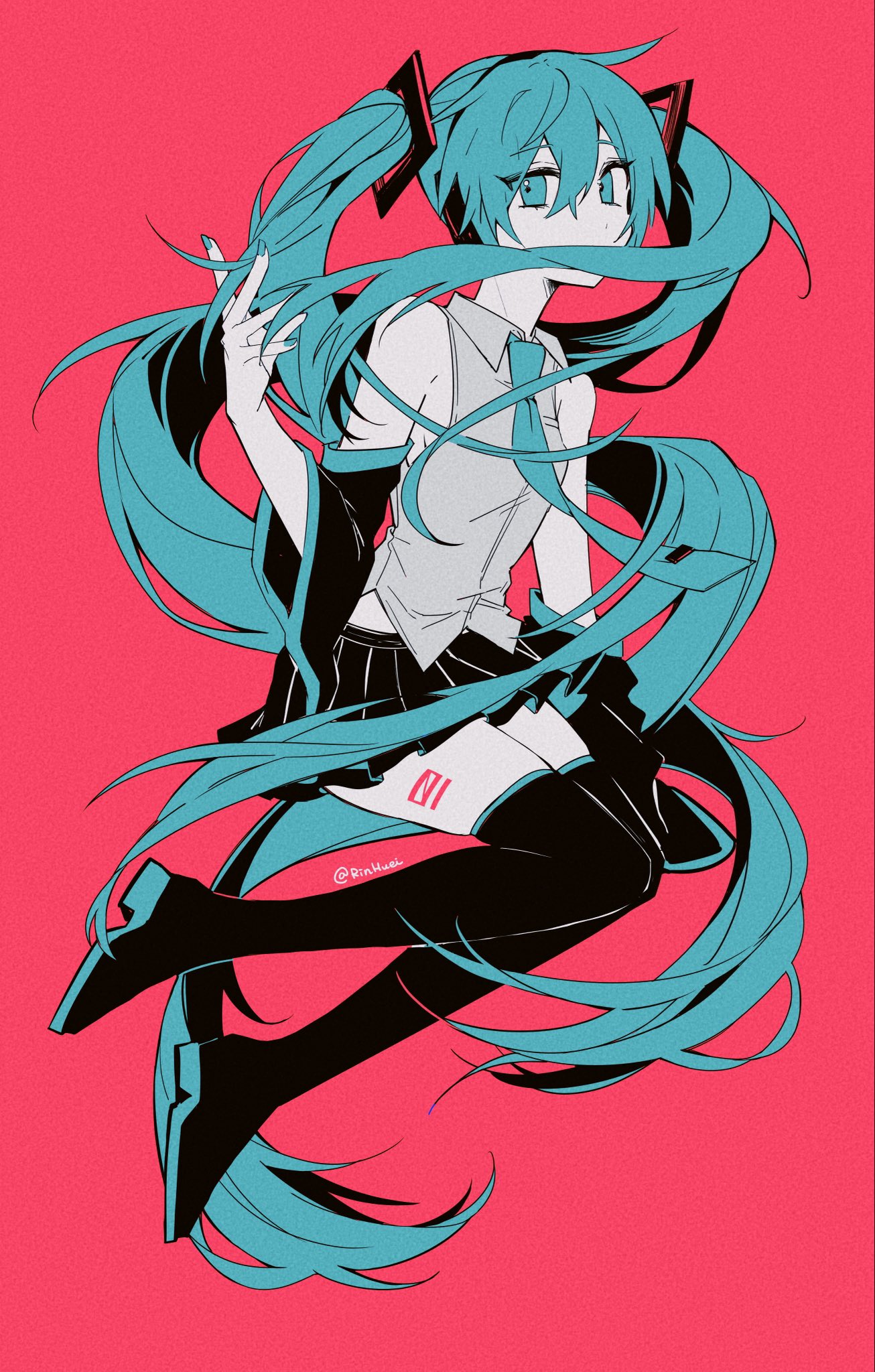 rinhuei, hatsune miku, vocaloid, highres, 1girl, aqua eyes, aqua hair, aqua necktie, bare shoulders, black skirt, black sleeves, blue eyes, blue hair, blue necktie, boots, collared shirt, detached sleeves, floating hair, full body, grey shirt, hair between eyes, hair ornament, hand up, long hair, looking at viewer, necktie, number tattoo, pink background, pleated skirt, red background, shirt, simple background, skirt, sleeveless, sleeveless shirt, solo, tattoo, thigh boots, thighhighs, twintails, very long hair, wide sleeves, zettai ryouiki