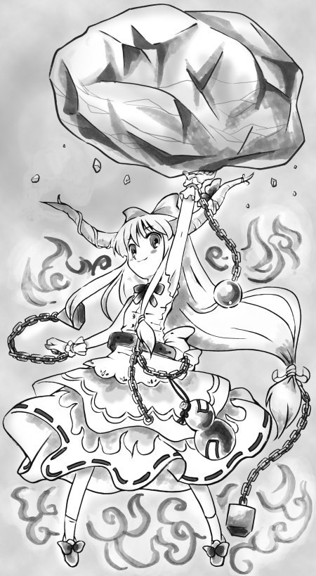 michii yuuki, ibuki suika, touhou, 1girl, arm up, blush, bow, chain, cuffs, dress, female focus, full body, greyscale, hair bow, horns, long hair, low-tied long hair, monochrome, oni, rock, shackles, smile, solo, standing, very long hair