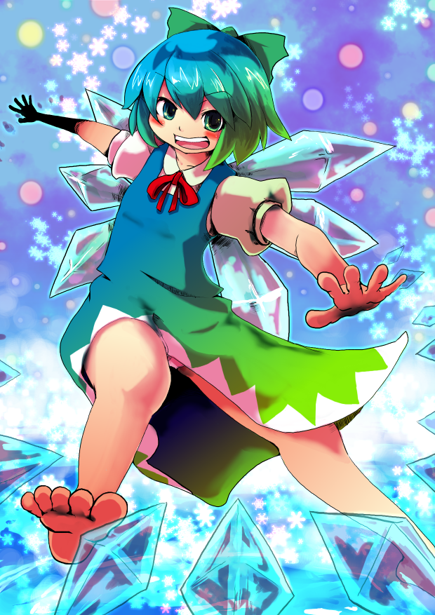 luft (luft dokka), cirno, shoot the bullet, touhou, 1girl, barefoot, bow, feet, female focus, smile, solo