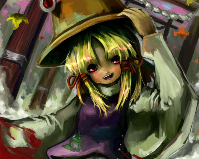 luft (luft dokka), moriya suwako, touhou, 1girl, arm up, blonde hair, dress, female focus, hat, head tilt, leaf, long sleeves, looking at viewer, purple dress, red eyes, solo, sweater, upper body