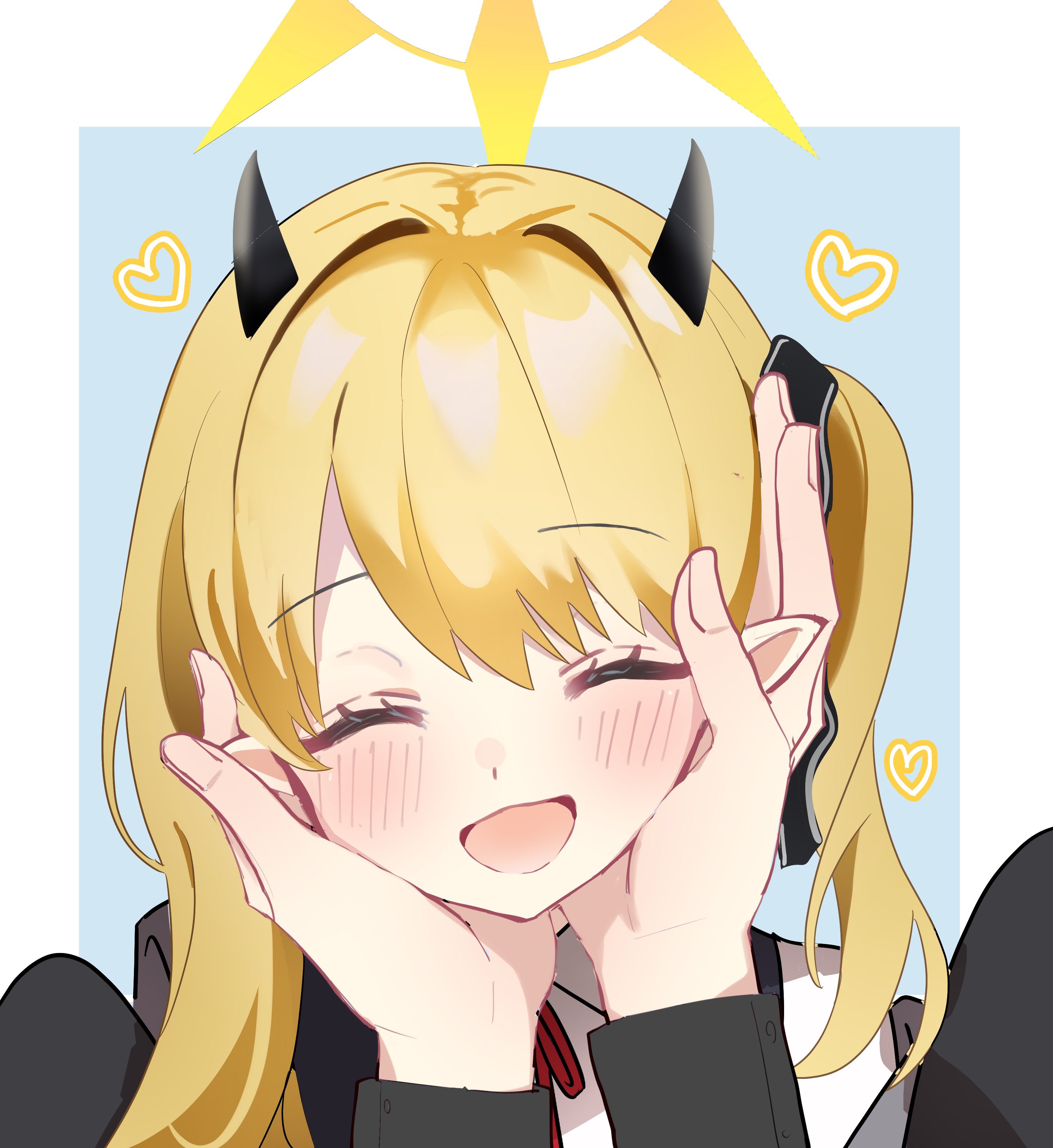 mutsu 6256, ibuki (blue archive), blue archive, absurdres, highres, 1girl, black horns, black jacket, blonde hair, blue background, blush, border, closed eyes, collared shirt, demon girl, fingernails, hair between eyes, halo, heart, horns, jacket, long hair, long sleeves, off shoulder, outside border, pointy ears, pov, red ribbon, ribbon, shirt, side ponytail, simple background, sleeves past wrists, smile, swept bangs, white border, white shirt, yellow halo