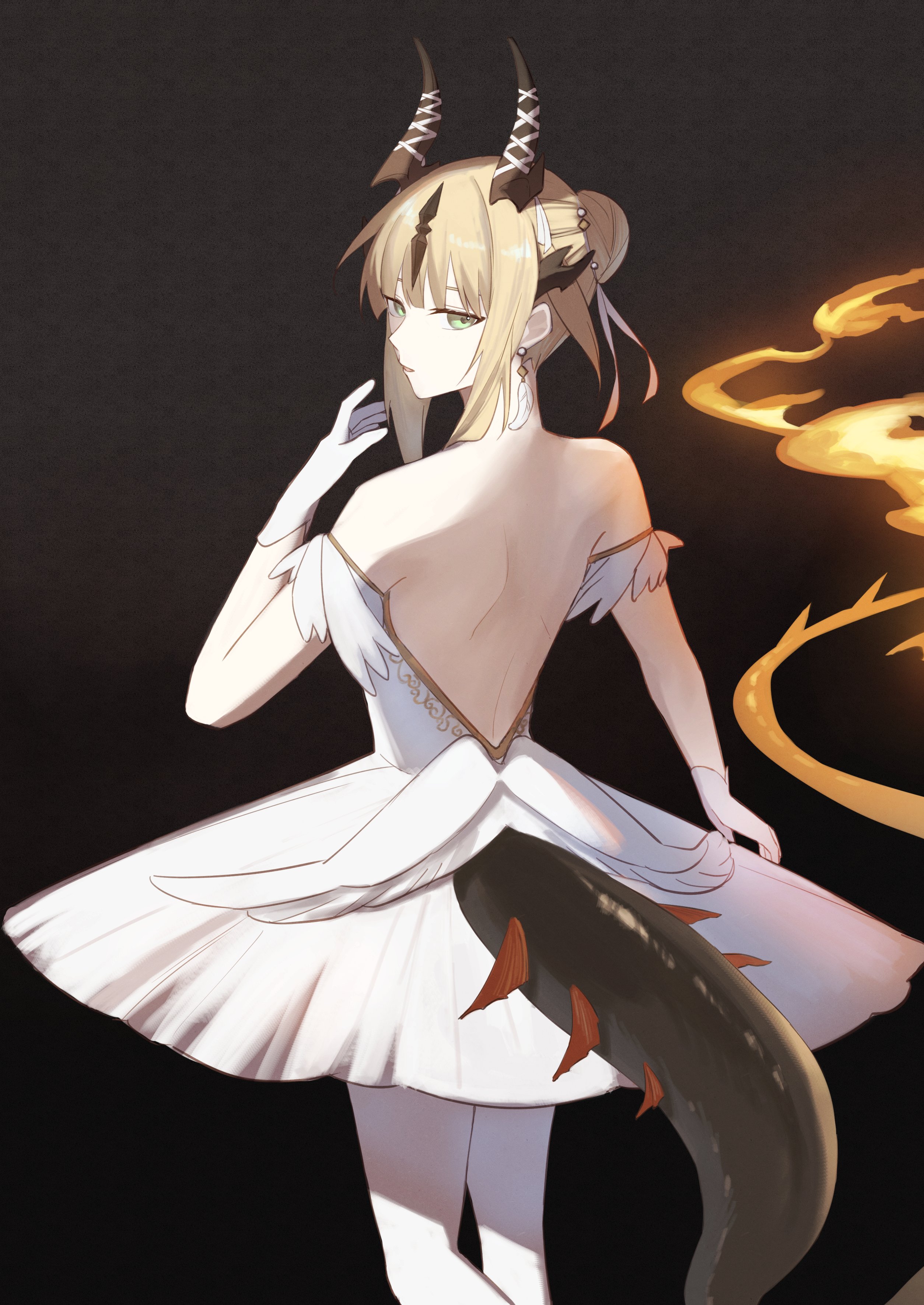 reed (arknights), arknights, absurdres, highres, 1girl, 55555may, backless dress, backless outfit, bare back, bare shoulders, black background, black horns, blonde hair, dress, earrings, fire, flame-tipped tail, gloves, green eyes, horns, jewelry, looking at viewer, pantyhose, parted lips, profile, short hair, solo, tail, tutu, white dress, white gloves, white pantyhose