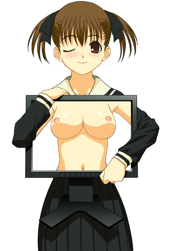 fukuzawa yumi, maria-sama ga miteru, 00s, 1girl, breasts, brown eyes, brown hair, female focus, large breasts, monitor, nipples, one eye closed, school uniform, serafuku, solo, twintails, wink, x-ray