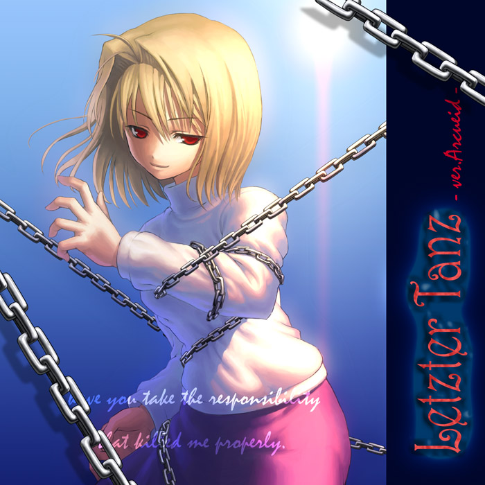 akoto 0000, arcueid brunestud, tsukihime, 00s, 1girl, blonde hair, chain, female focus, long skirt, purple skirt, red eyes, short hair, skirt, solo, sweater, turtleneck