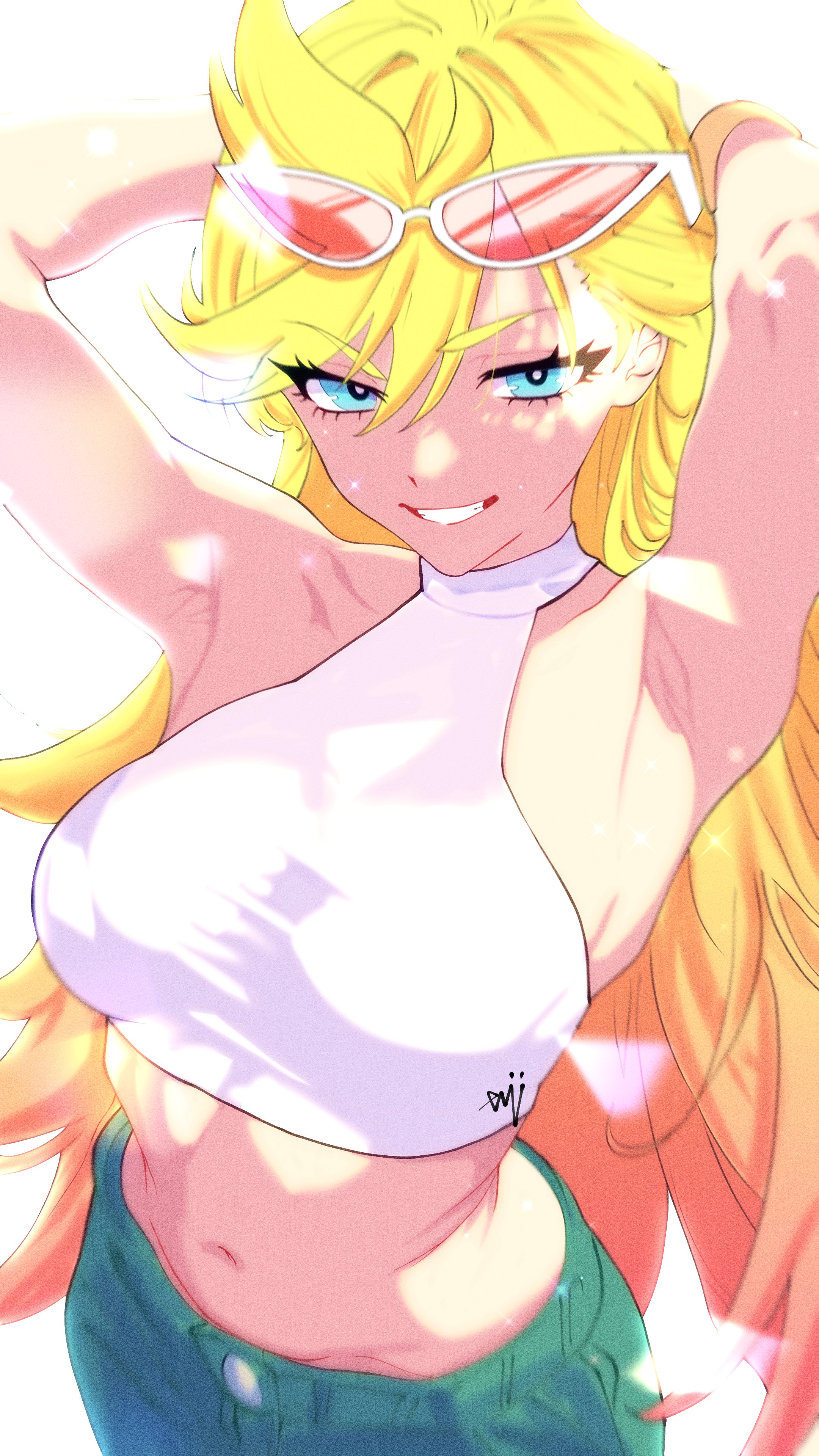 panty (psg), panty & stocking with garterbelt, absurdres, commentary, english commentary, highres, 1girl, armpits, arms behind head, blonde hair, blue eyes, breasts, cargo pants, crop top, eyewear on head, gradient hair, gradius (talktocreatures), halterneck, large breasts, long hair, looking at viewer, midriff, multicolored hair, naughty face, navel, official alternate costume, pants, presenting armpit, smile, stomach, sunglasses