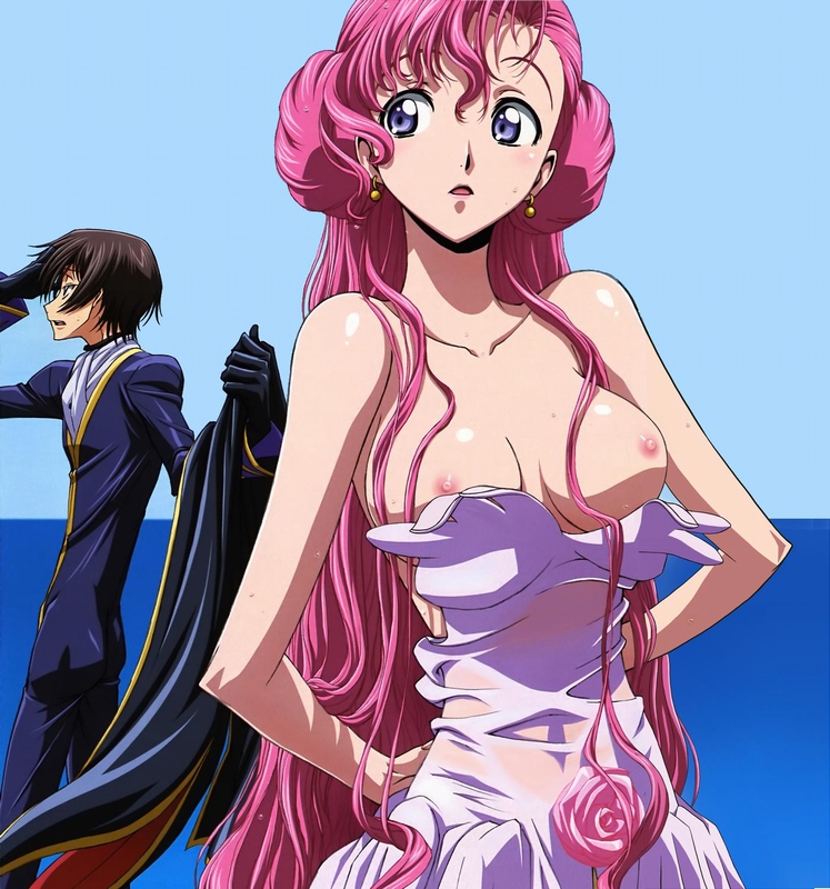 kimura takahiro, euphemia li britannia, lelouch vi britannia, code geass, artist request, nude filter, third-party edit, 00s, 1boy, 1girl, blush, breasts, brother and sister, dress, large breasts, long hair, nipples, no bra, pink hair, purple eyes, see-through clothes, siblings, wet, wet clothes