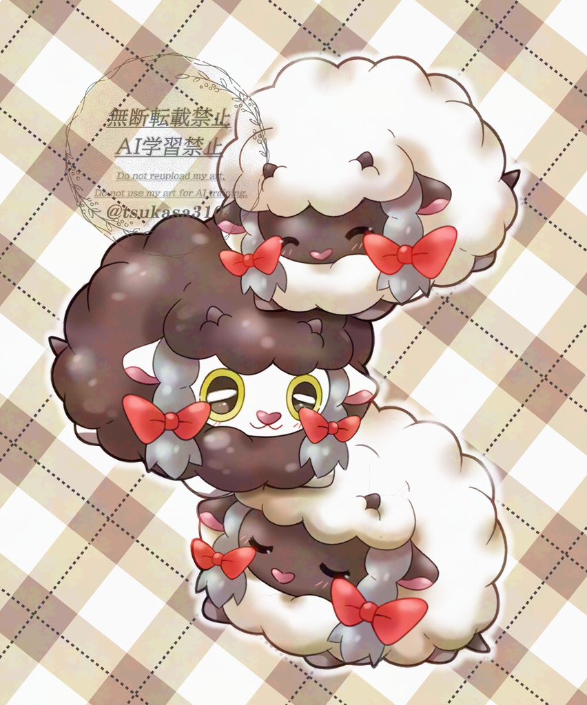 tsukasa pika, wooloo, nintendo, pokemon, commentary request, alternate color, blush, bow, closed eyes, closed mouth, gen 8 pokemon, hair ornament, no humans, pokemon (creature), pokemon focus, sheep, shiny and normal, shiny pokemon, smile, twitter username