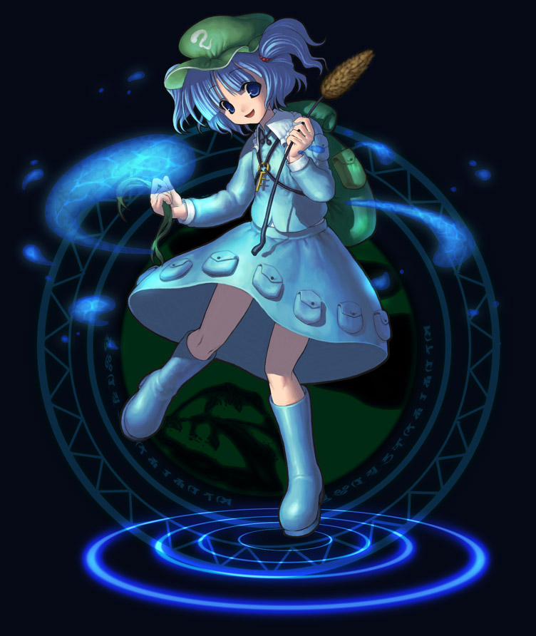 akoto 0000, kawashiro nitori, touhou, 1girl, blue eyes, blue hair, boots, female focus, full body, hat, matching hair/eyes, plant, short twintails, skirt, solo, twintails, two side up