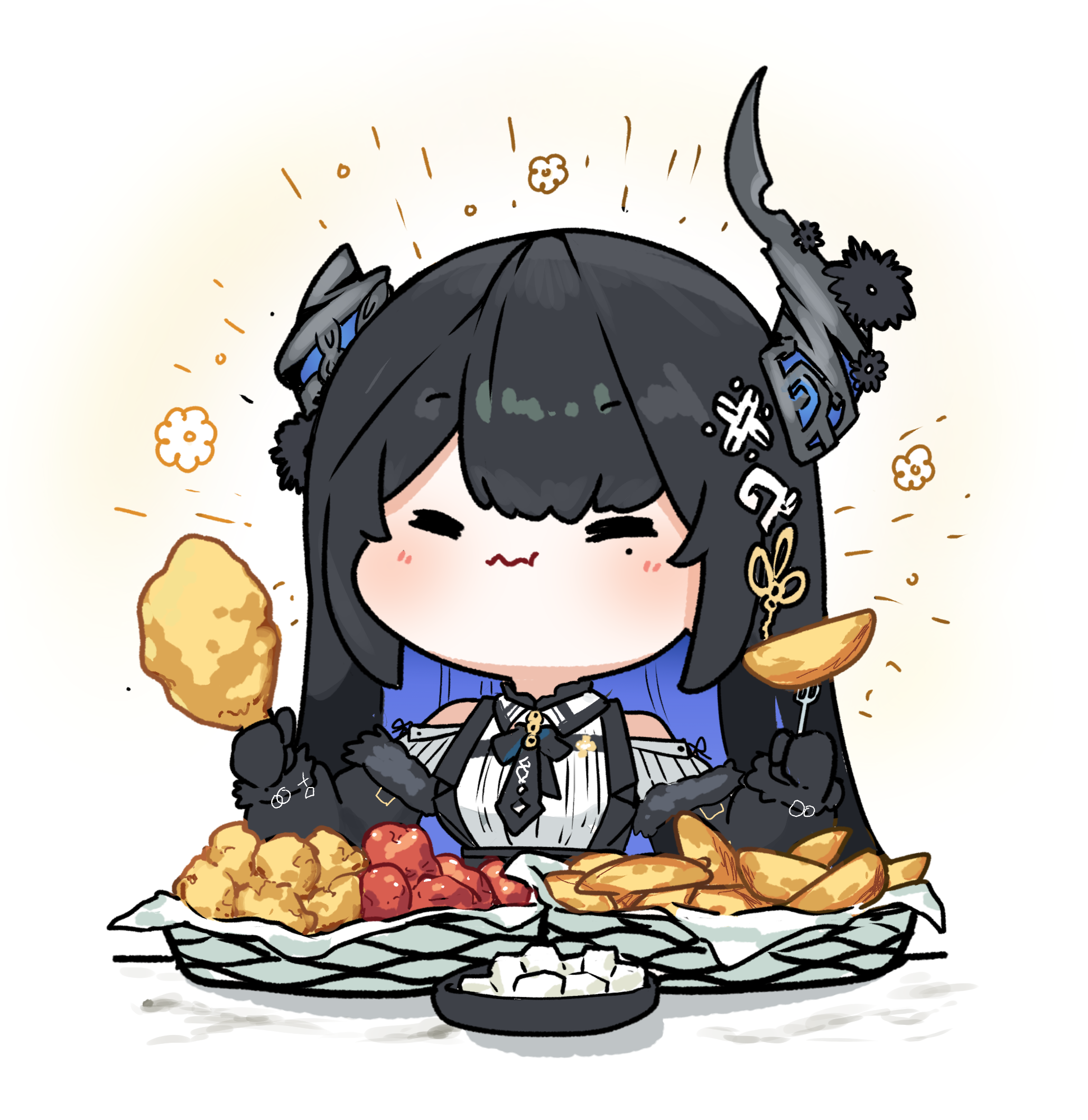 snowmya, nerissa ravencroft, nerissa ravencroft (1st costume), hololive, hololive english, highres, 1girl, asymmetrical horns, black gloves, black hair, black horns, black sleeves, black vest, blue hair, chicken (food), chicken leg, closed eyes, closed mouth, colored inner hair, dress shirt, eating, food, fork, gloves, holding, holding food, holding fork, horns, mole, mole under eye, multicolored hair, potato wedges, shirt, solo, vest, virtual youtuber, white shirt
