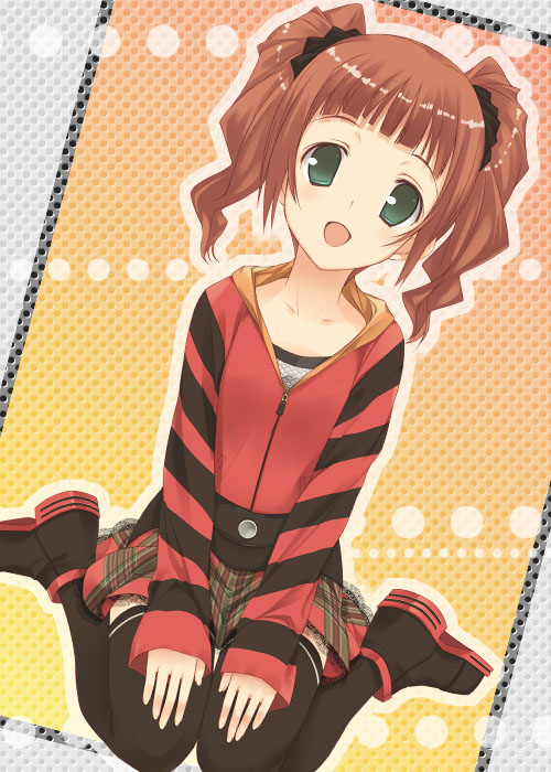 mizuki makoto, takatsuki yayoi, idolmaster, idolmaster (classic), 00s, 1girl, brown hair, female focus, green eyes, open mouth, punkish gothic, solo, thighhighs, twintails