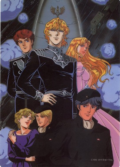 annerose von grunewald, jessica edwards, john robert lap, reinhard von lohengramm, siegfried kircheis, yang wen-li, ginga eiyuu densetsu, official art, 2girls, 4boys, ascot, battle, beret, blonde hair, blue eyes, blue hair, bruenhild (gin'eiden), dress, explosion, hand on own hip, hat, laser, manly, military, military uniform, multiple boys, multiple girls, red hair, space, star (symbol)