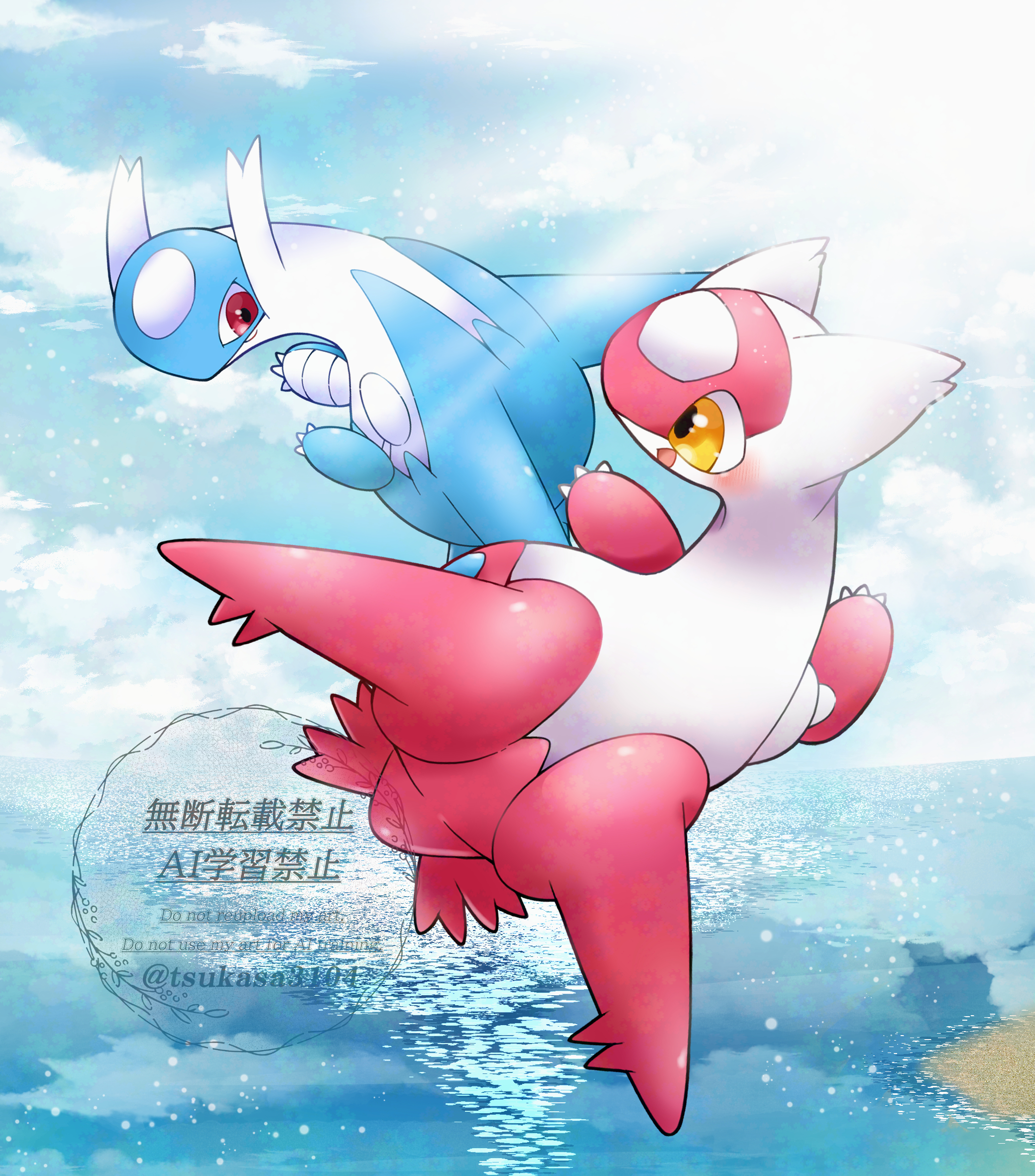 tsukasa pika, latias, latios, nintendo, pokemon, commentary request, highres, blush, claws, closed mouth, day, dragon, floating, gen 3 pokemon, legendary pokemon, no humans, open mouth, outdoors, pokemon (creature), pokemon focus, red eyes, smile, sunlight, twitter username, water, wings, yellow eyes