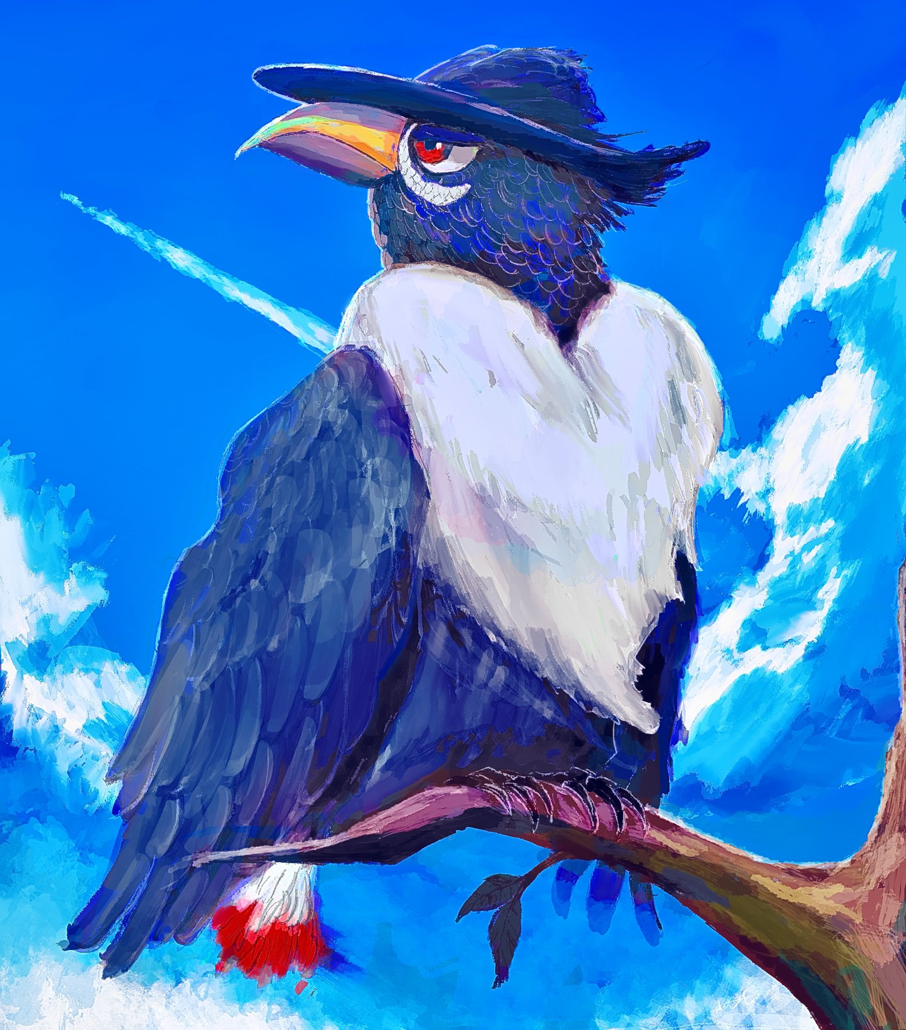 yomagntho9q9q, honchkrow, nintendo, pokemon, highres, animal focus, beak, bird, blue sky, branch, closed mouth, cloud, feathers, full body, gen 4 pokemon, hat, no humans, pokemon (creature), pokemon focus, red eyes, sky, tree, wings