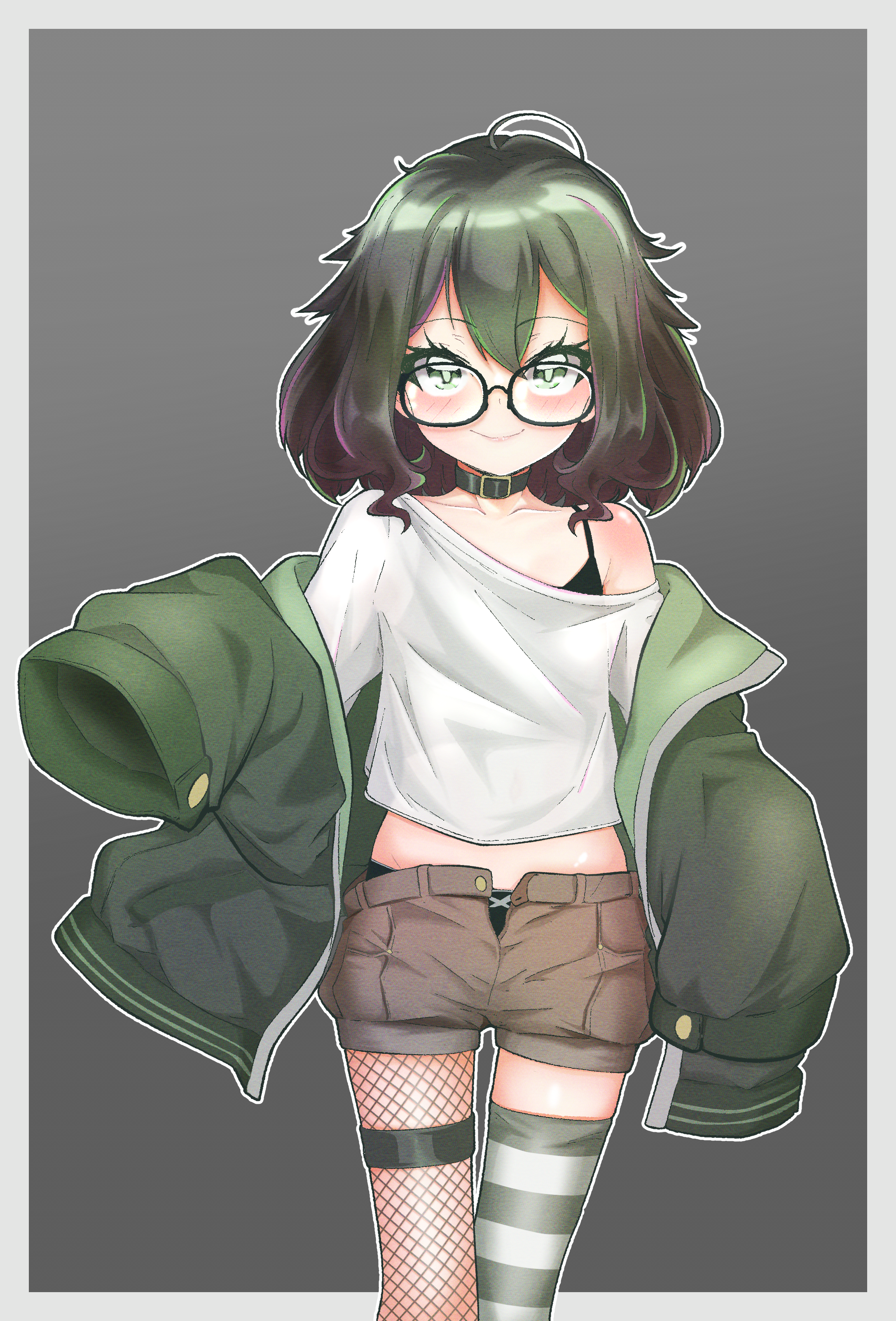 pettan (zeez4743), original, absurdres, commission, highres, pixiv commission, 1girl, animal collar, asymmetrical legwear, black bra, black collar, black panties, blush, bra, brown hair, brown shorts, closed mouth, collar, fishnet thighhighs, fishnets, flat chest, glass, green jacket, grey background, hair between eyes, jacket, looking at viewer, medium hair, panties, shirt, shorts, smile, solo, striped clothes, striped thighhighs, thigh strap, thighhighs, underwear, white shirt