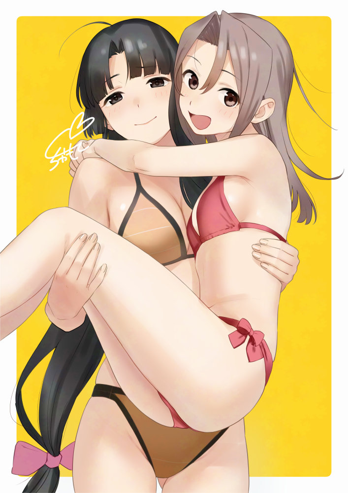 sakiecho, shouhou (kancolle), zuihou (kancolle), kantai collection, commentary request, 2girls, :d, bikini, black eyes, black hair, blush, border, bow, bow bikini, breasts, brown bikini, brown eyes, brown hair, carrying, hair between eyes, hair bow, long hair, looking at viewer, medium breasts, multiple girls, open mouth, outside border, pink bow, princess carry, red bikini, rounded corners, sidelocks, signature, small breasts, smile, stomach, string bikini, swimsuit, very long hair, white border, yellow background