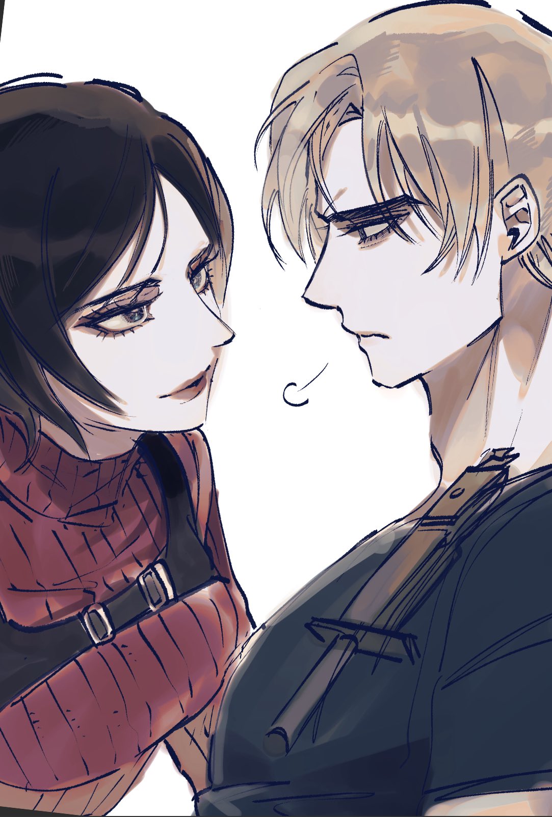 nul, ada wong, leon s. kennedy, resident evil, resident evil 4, resident evil 4 (remake), commentary request, highres, korean commentary, 1boy, 1girl, black hair, blonde hair, blue shirt, breasts, chest harness, closed mouth, dress, from side, harness, looking at another, medium breasts, profile, puff of air, red lips, red sweater, ribbed sweater, shirt, short hair, sweater, sweater dress, upper body, white background