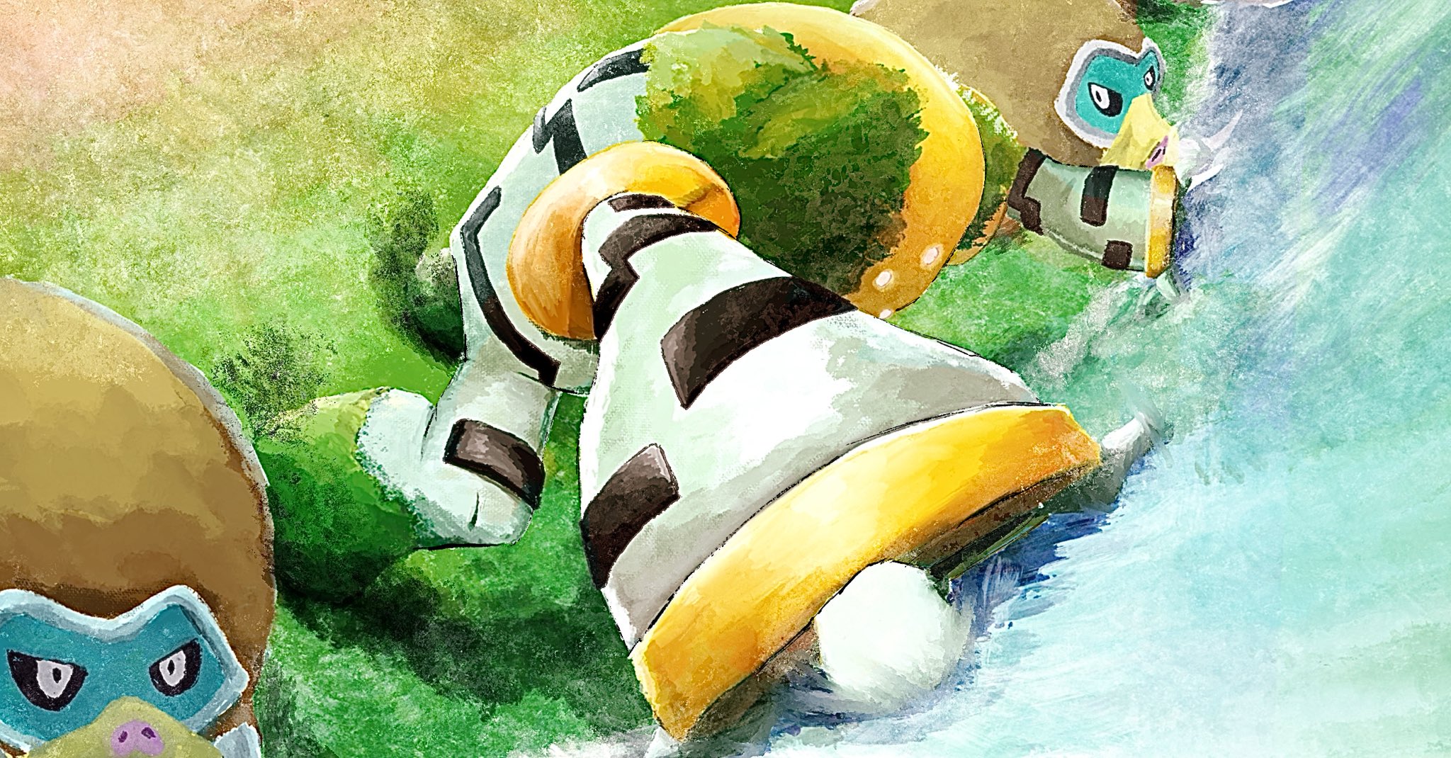 yomagntho9q9q, mamoswine, regigigas, nintendo, pokemon, pokemon: giratina and the sky warrior, pokemon (anime), pokemon dppt (anime), highres, full body, gen 4 pokemon, giant, glacier, leaf, legendary pokemon, no humans, outdoors, pokemon (creature), pokemon focus, pushing, tusks