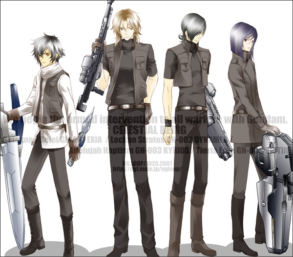 allelujah haptism, lockon stratos, setsuna f. seiei, tieria erde, gundam, gundam 00, 00s, 4boys, androgynous, glasses, male focus, multiple boys, purple hair, red eyes, short hair, trap