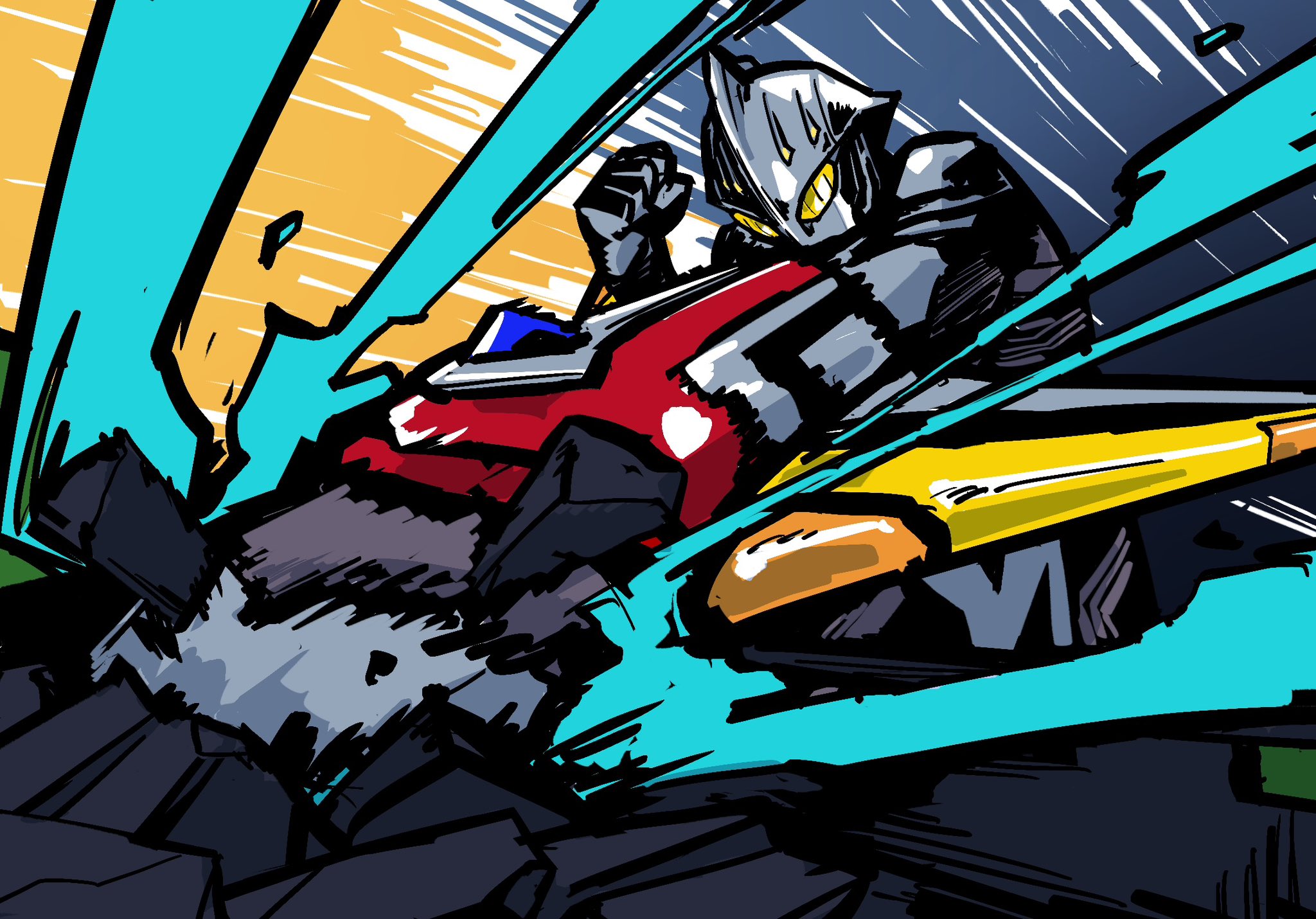 atsynd, ultraman nexus, ultraman nexus anphans, ultra series, ultraman nexus (series), highres, 1boy, alien, arm blade, boxing, broken pillar, clenched hand, colored skin, giant, grey skin, knife, motion lines, multicolored skin, raised fist, speed lines, tokusatsu, weapon