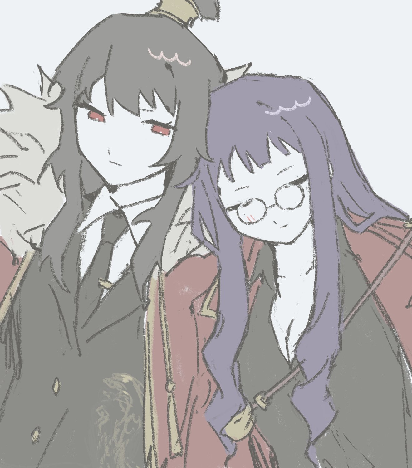 yobunkiii, katriel (project moon), xiao (project moon), library of ruina, project moon, highres, 2girls, black hair, black jacket, black necktie, black shirt, black vest, breasts, cleavage, closed eyes, closed mouth, coat, coat on shoulders, collared shirt, glasses, hair bun, head on another's shoulder, jacket, large breasts, long hair, looking at another, multiple girls, necktie, purple hair, red coat, red eyes, round eyewear, shirt, sidelocks, simple background, sleeping, upper body, vest, white background, white shirt