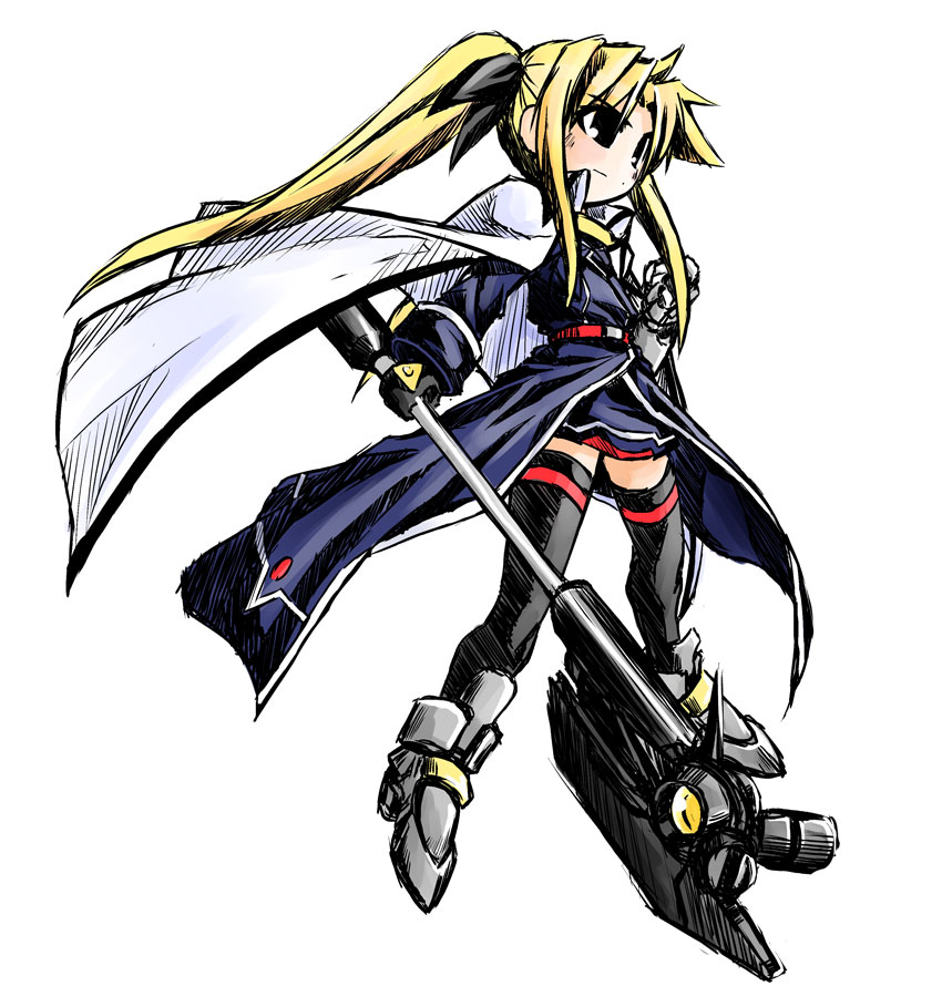 yuuka (o.t.kingdom), bardiche (assault form) (nanoha), bardiche (nanoha), fate testarossa, fate testarossa (impulse form), lyrical nanoha, mahou shoujo lyrical nanoha, mahou shoujo lyrical nanoha strikers, uniform, bad id, bad pixiv id, 00s, 1girl, belt, black gloves, black thighhighs, blonde hair, buckle, cape, female focus, floating, full body, gloves, hammer, holding, holding weapon, long hair, looking afar, polearm, sidelocks, solo, thighhighs, very long hair, weapon, zettai ryouiki