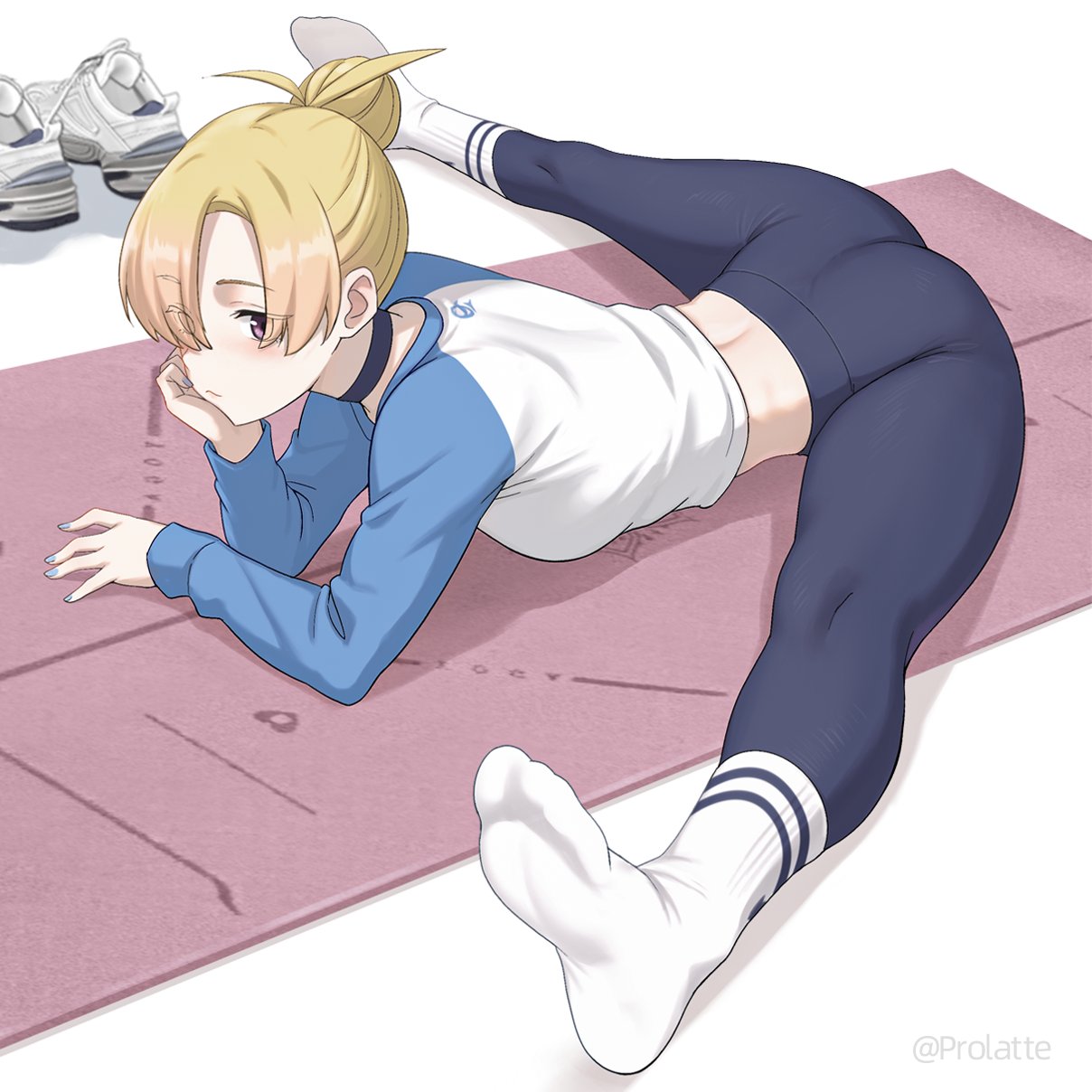 ghhoward, original, highres, 1girl, arm support, black choker, black leggings, blue shirt, blush, breasts, choker, closed mouth, flexible, from side, full body, hair bun, hair over one eye, large breasts, leggings, looking ahead, nail polish, no shoes, purple eyes, shadow, shirt, shoes, short hair, simple background, sneakers, socks, soles, solo, two-tone shirt, unworn shoes, white background, white shirt, white socks