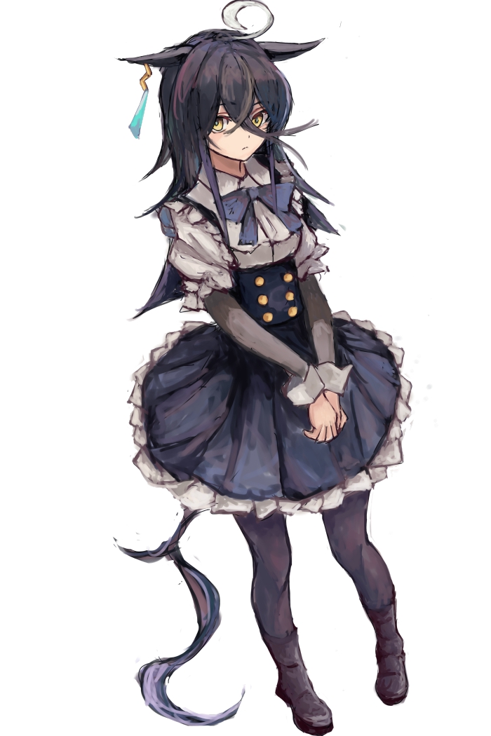 yanagi wakana, manhattan cafe (umamusume), umamusume, 1girl, ahoge, animal ears, black boots, black hair, black pantyhose, blue bow, blue skirt, boots, bow, closed mouth, ear tag, earrings, hair between eyes, horse ears, horse girl, horse tail, jewelry, long bangs, long hair, long hair between eyes, long sleeves, looking at viewer, multicolored hair, pantyhose, shirt, simple background, single earring, skirt, solo, tail, white background, white hair, white shirt, yellow eyes