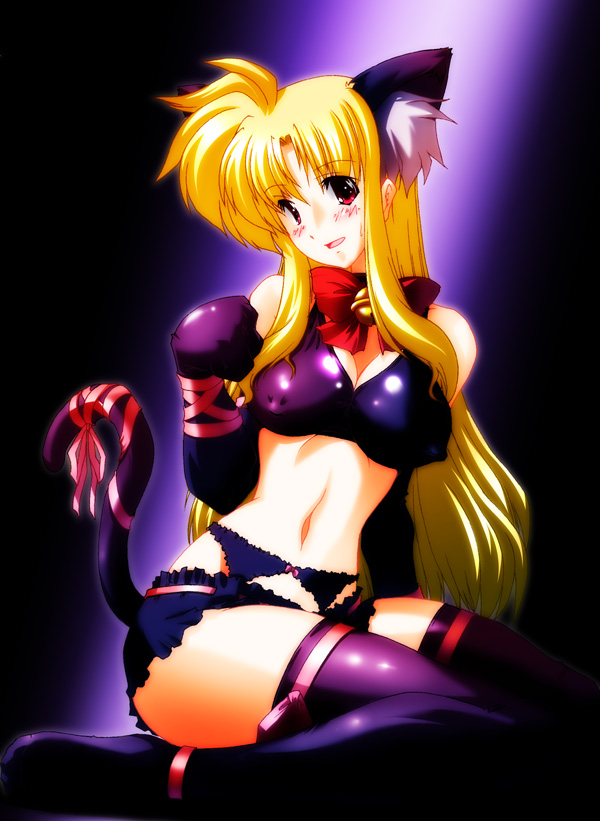 45acp, fate testarossa, lyrical nanoha, mahou shoujo lyrical nanoha, mahou shoujo lyrical nanoha strikers, 00s, 1girl, animal ears, bell, blonde hair, bra, breasts, cat ears, cat tail, covered erect nipples, elbow gloves, female focus, garter belt, gloves, jingle bell, large breasts, lingerie, panties, red eyes, ribbon, solo, tail, thighhighs, underwear, underwear only