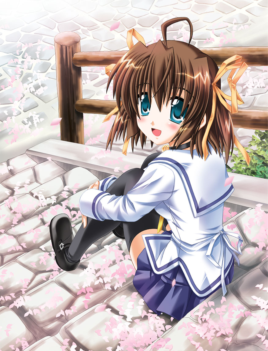 otoki raku, asakura nemu, da capo, da capo i, 00s, 1girl, ahoge, bow, brown hair, collar, female focus, green eyes, hair bow, hair ribbon, looking back, open mouth, ribbon, school uniform, serafuku, sitting, sitting on stairs, solo, stairs, thighhighs