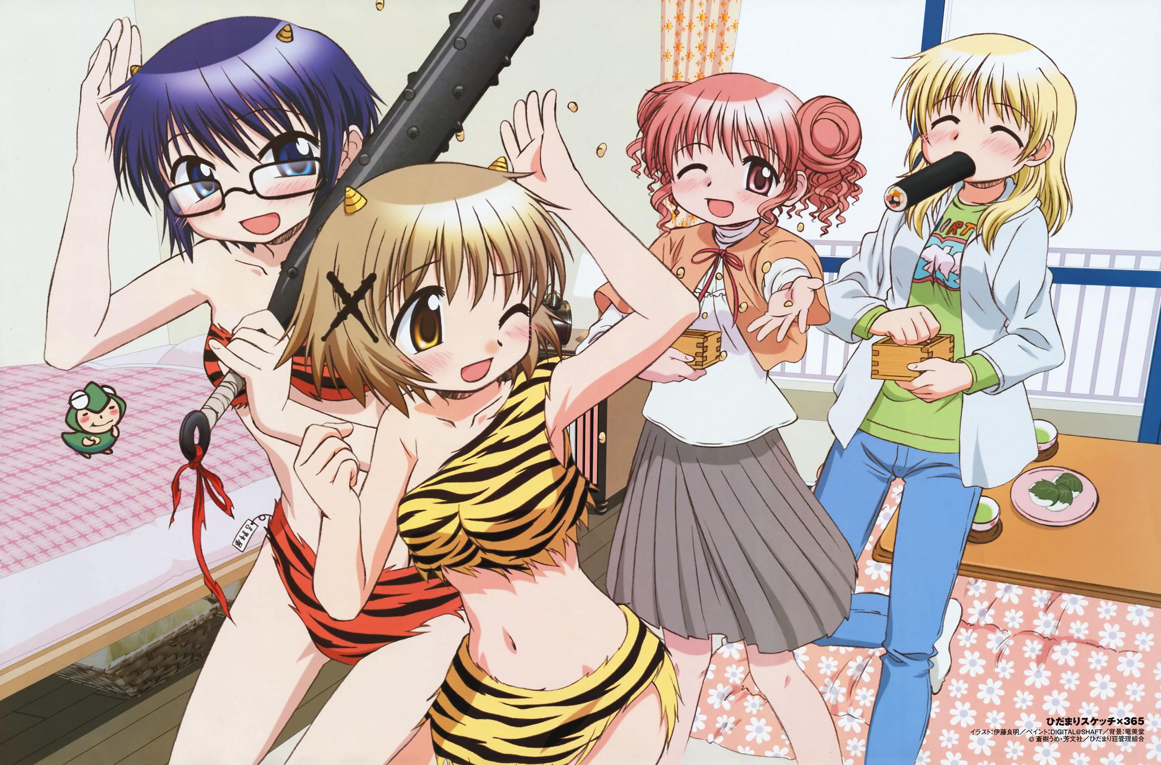 itou yoshiaki, hiro (hidamari sketch), lum, miyako (hidamari sketch), sae (hidamari sketch), ume-sensei, yuno (hidamari sketch), hidamari sketch, urusei yatsura, highres, official art, scan, 4girls, :d, ^ ^, animal print, blonde hair, blue eyes, blue hair, blush, brown eyes, brown hair, closed eyes, club, club (weapon), cone horns, cosplay, double bun, ehoumaki, food, glasses, hair bun, hair ornament, hairclip, horns, indoors, kanabou, kotatsu, lum (cosplay), makizushi, mamemaki, masu, mouth hold, multiple girls, one eye closed, open mouth, red eyes, setsubun, short hair, smile, striped horns, sushi, table, tag, tiger print, weapon, wince, wink, yellow horns