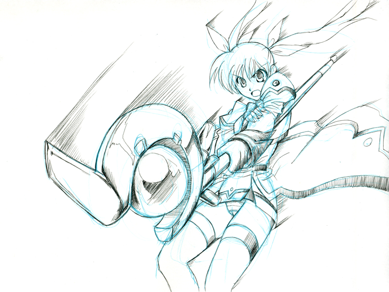 akagi gisho, akagi gishou, raising heart, raising heart (accel mode), takamachi nanoha, takamachi nanoha (aggressor mode), lyrical nanoha, mahou shoujo lyrical nanoha, mahou shoujo lyrical nanoha a's, mahou shoujo lyrical nanoha strikers, uniform, 00s, 1girl, bow, dress, female focus, fingerless gloves, gloves, looking at viewer, magical girl, motion lines, orb, outstretched arm, panties, pantyshot, rod, simple background, solo, speed lines, staff, standing, thigh strap, twintails, underwear, waist cape, white background