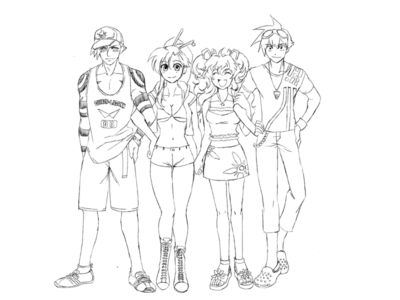 akagi gisho, akagi gishou, kamina (ttgl), nia teppelin, simon (ttgl), yoko littner, tengen toppa gurren lagann, bad id, bad pixiv id, 00s, 2boys, 2girls, aged up, alternate costume, boots, casual, contemporary, couple, crocs, goggles, goggles on head, greyscale, hetero, legs, miniskirt, monochrome, multiple boys, multiple girls, sandals, shorts, skirt, tattoo, twintails