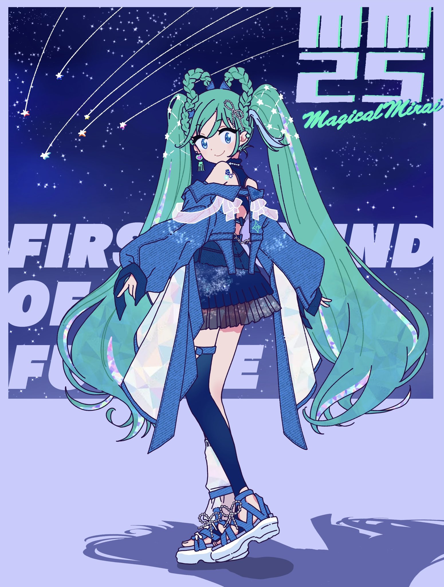 hamako (gsc hama), hatsune miku, magical mirai miku, magical mirai miku (2025), magical mirai (vocaloid), vocaloid, highres, 1girl, alternate costume, aqua hair, asymmetrical legwear, bare shoulders, black skirt, blue jacket, blue socks, blue sweater, braid, character name, choker, closed mouth, earrings, full body, green hair, hair rings, jacket, jewelry, long hair, long sleeves, looking at viewer, off shoulder, pleated skirt, shirt, shoes, shooting star, single thighhigh, skirt, sky, sleeves past wrists, sneakers, socks, solo, standing, star sky, sweater, thighhighs, twintails, very long hair